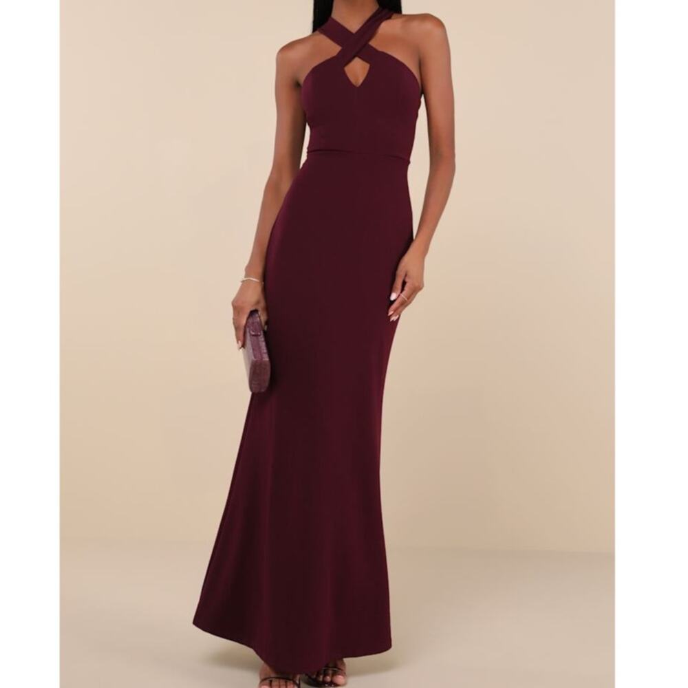 NEW Lulus Keep You Enchanted Dark Purple Cutout Halter Mermaid Maxi Dress